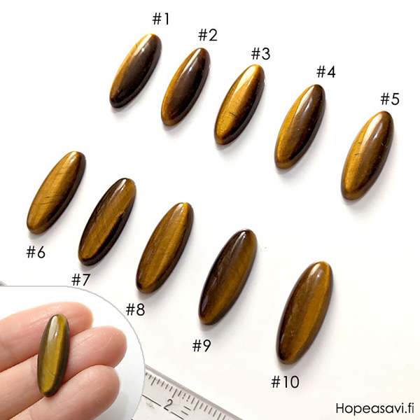 Tiikerinsilm, aito luonnonkivi, pyrhiottu kapussi, kuvassa #8, soikea, kapea, 22x8mm, 1kpl 