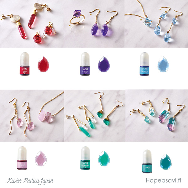  *Taas varastossa* UV-hartsi pigmentti SETTI 'Syntymkivi 1-6', 6x3ml, 'Garnetti, Ametisti, Akvamariini, Morganiitti, Emeraldi, ja Alexandriitti'