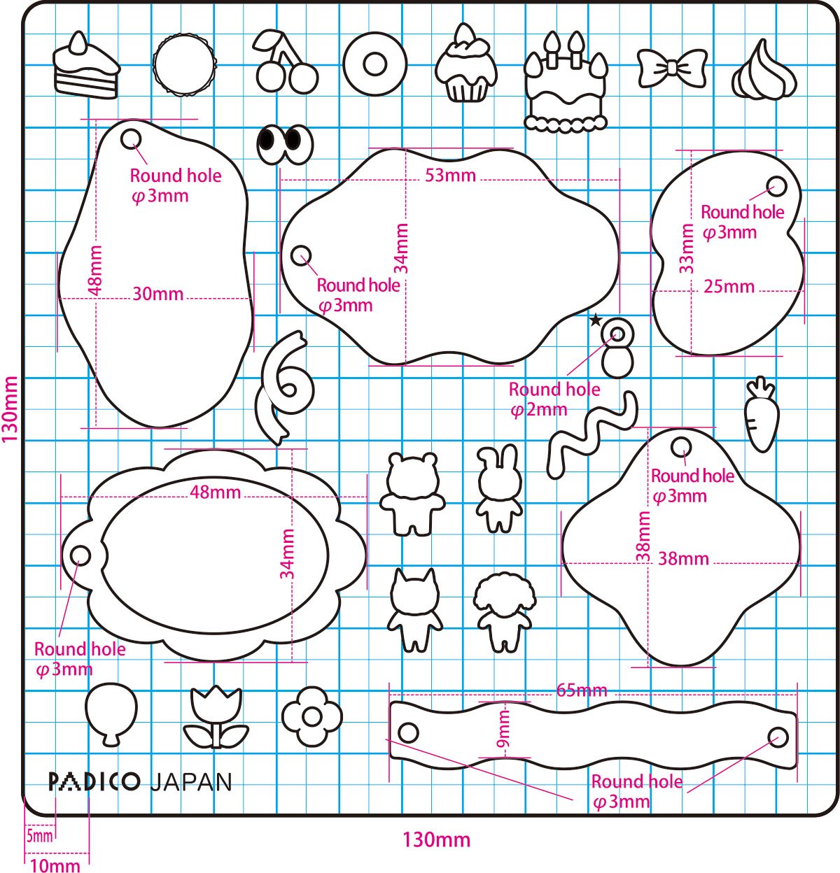 Muotti, joustava ja l�pin�kyv�, "PUHEKUPLA #1 KUVIOITA" Kokelma jossa 6 isompaa muotoa ja 20 pient� osaa niiden koristeluun. Tee esim avainperi� ja asustekoristeita (UV-led hartsille, massoille)