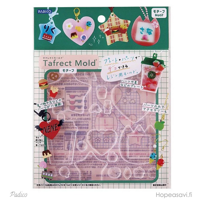  *Uutuus* Muotti, joustava ja l�pin�kyv�, "KUVIOITA" Kokelma jossa 6 isompaa muotoa ja 17 pient� osaa niiden koristeluun. Tee uniikkeja asustekoristeita (UV-led hartsille, massoille)