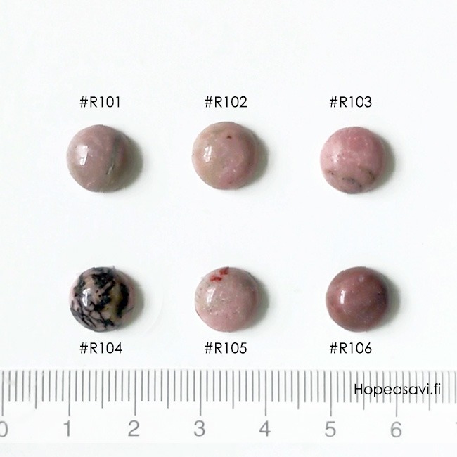 Rodoniitti, py�r�hiottu kapussi, ympyr� 10mm, tasainen tausta, kuvassa #106, uniikki kivi