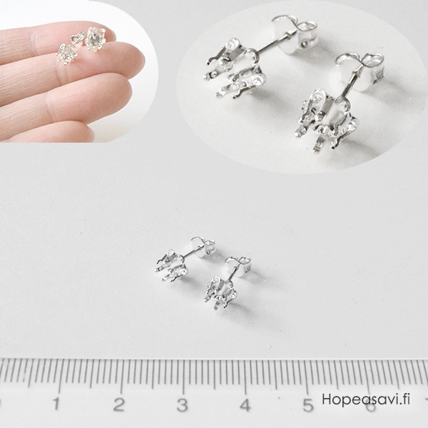 Korvatappi & Istukka, hopea 925, py�re�lle viistehiotulle kivelle, 4mm, 6 joustavaa haarakketta (napsusysteemi), 1 pari + vastaosat *Tarjous - er�*