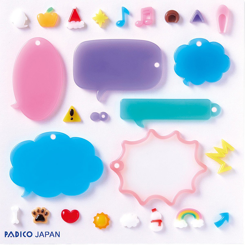  *Uutuus* Muotti, joustava ja l�pin�kyv�, "PUHEKUPLA #2 JUHLAT" Kokelma jossa 6 isompaa muotoa ja 20 pient� osaa niiden koristeluun. Tee esim avainperi� ja asustekoristeita (UV-led hartsille, massoille)