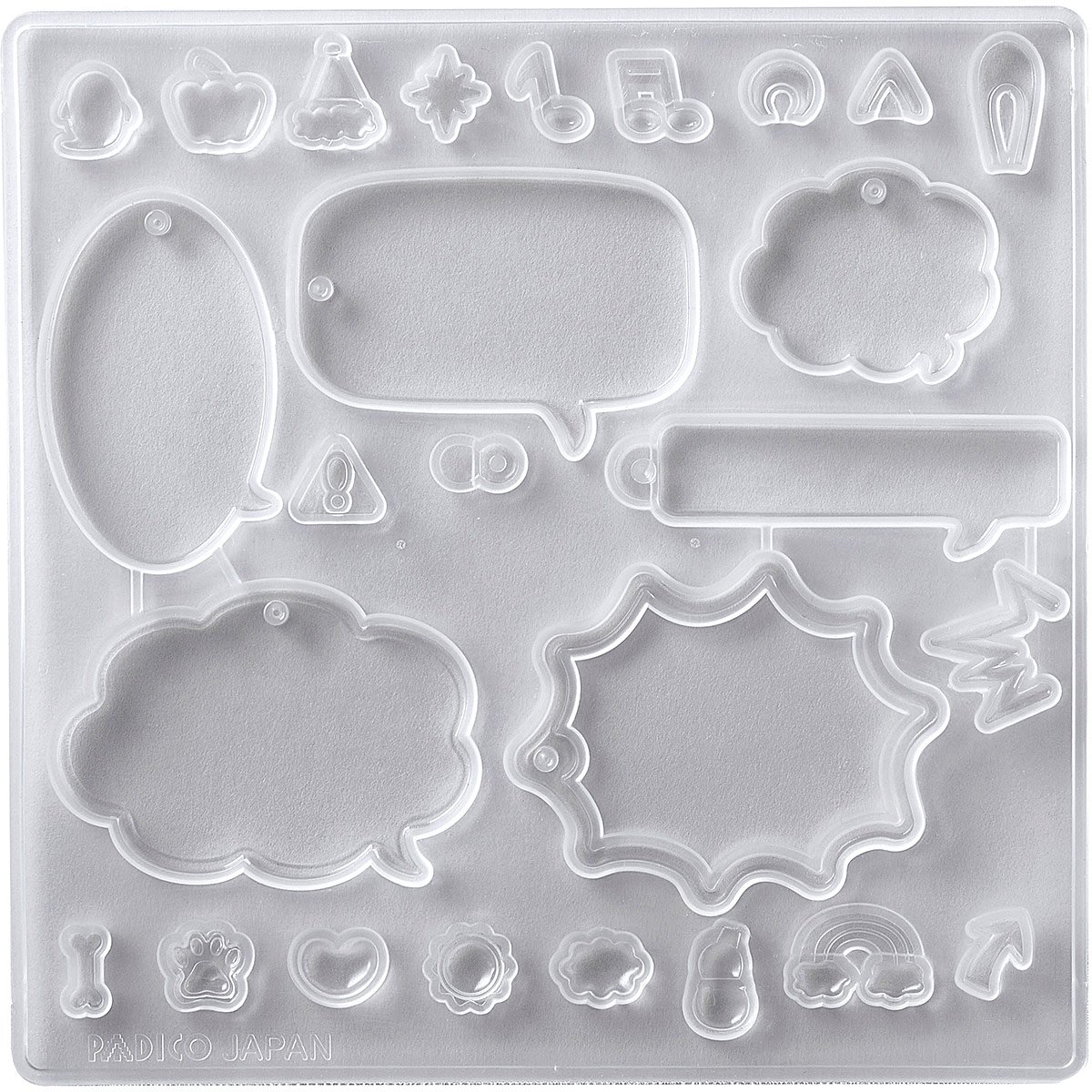 Muotti, joustava ja l�pin�kyv�, "PUHEKUPLA #2 JUHLAT" Kokelma jossa 6 isompaa muotoa ja 20 pient� osaa niiden koristeluun. Tee esim avainperi� ja asustekoristeita (UV-led hartsille, massoille)