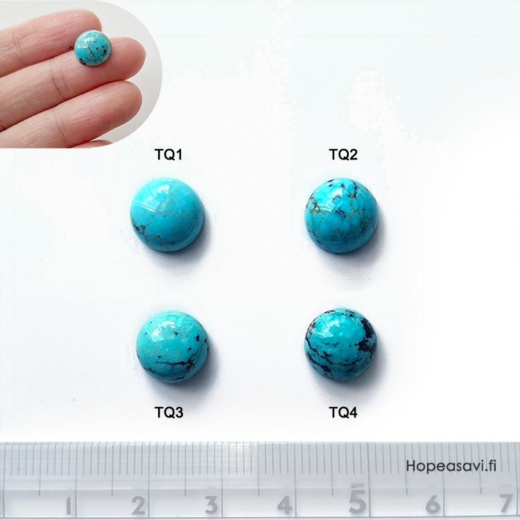 Turkoosi, *Uniikki kivi* kuvassa TQ-2, py�r�hiottu kapussi, v/t, ympyr�, 10mm, 1kpl
